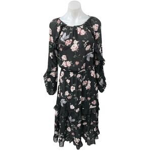 H&M Black Floral Print Ruffle Long Sleeve Tiered Midi Blouson A-Line Dress 2